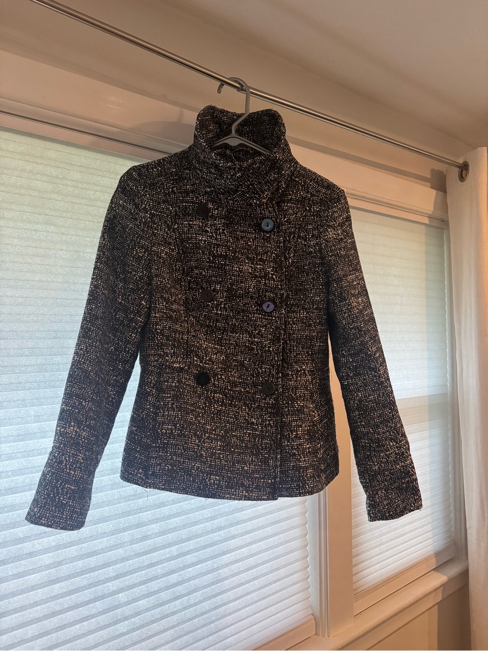 H&M Black and White Tweed Double-Breasted Pea Coat